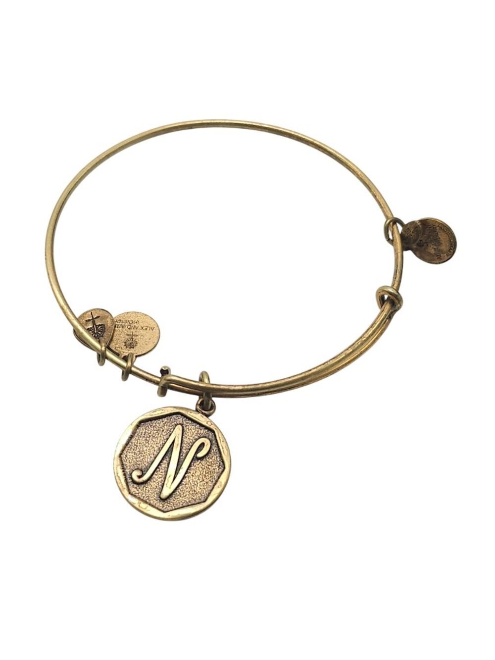 Alex And Ani Initial N Gold-Tone Charm Bangle Bracelet 2013 Adjustable Jewelry